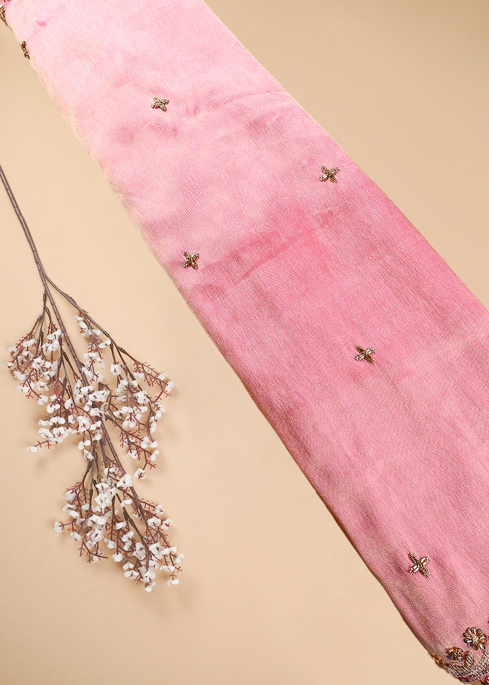 Pink Tissue Dupatta Fabric With All Over Zari, Sequins, Katdana And Stone Work With Both Side Border 25674
