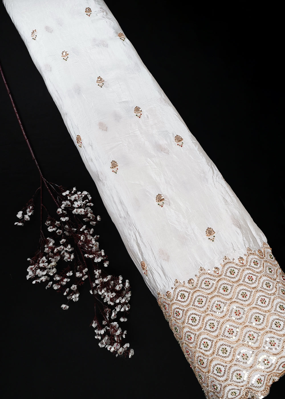 White Dyeable Crepe Fabric With All Over Zari, Sequins And Katdana Work With One Side Heavy Border 25677