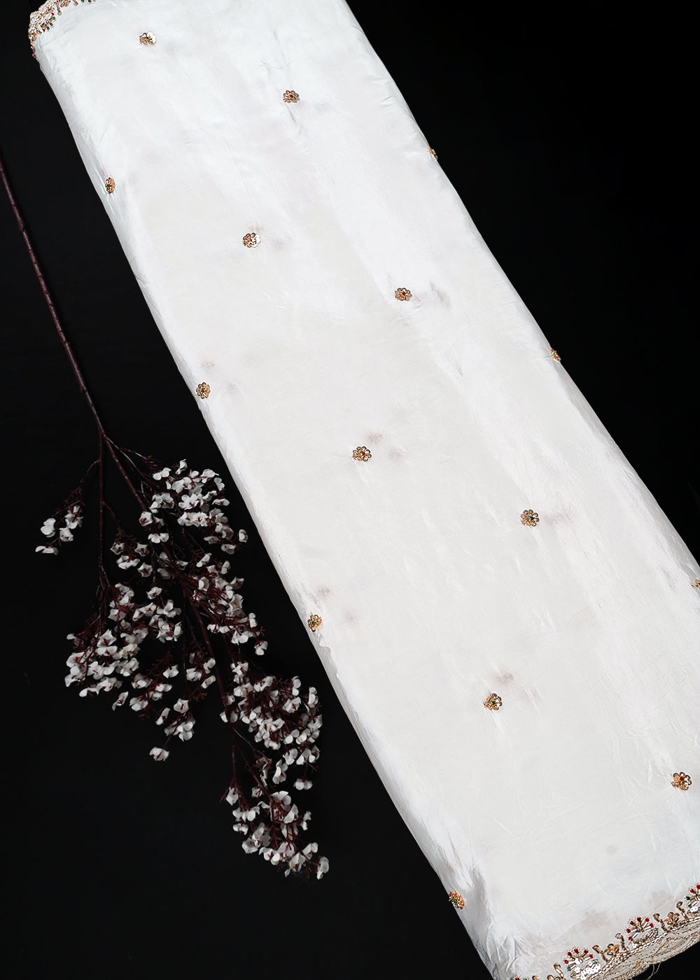 White Dyeable Crepe Dupatta Fabric With All Over Sequins And Katdana Work With Both Side Border 25679