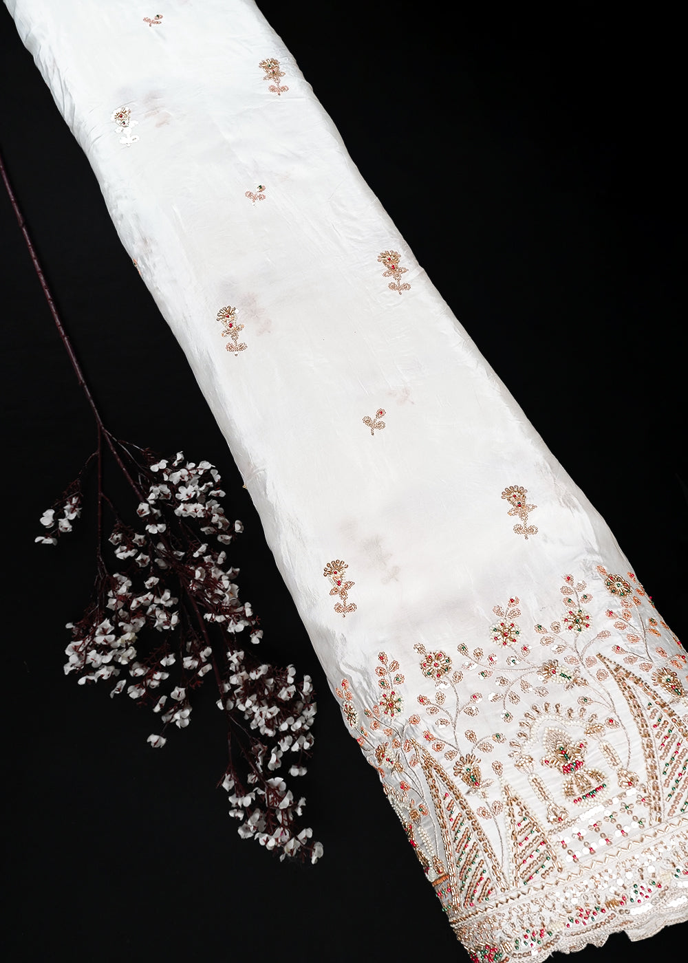 White Dyeable Crepe Fabric With All Over Zari, Sequins, Katdana And Bead Work With One Side Heavy Border 25680