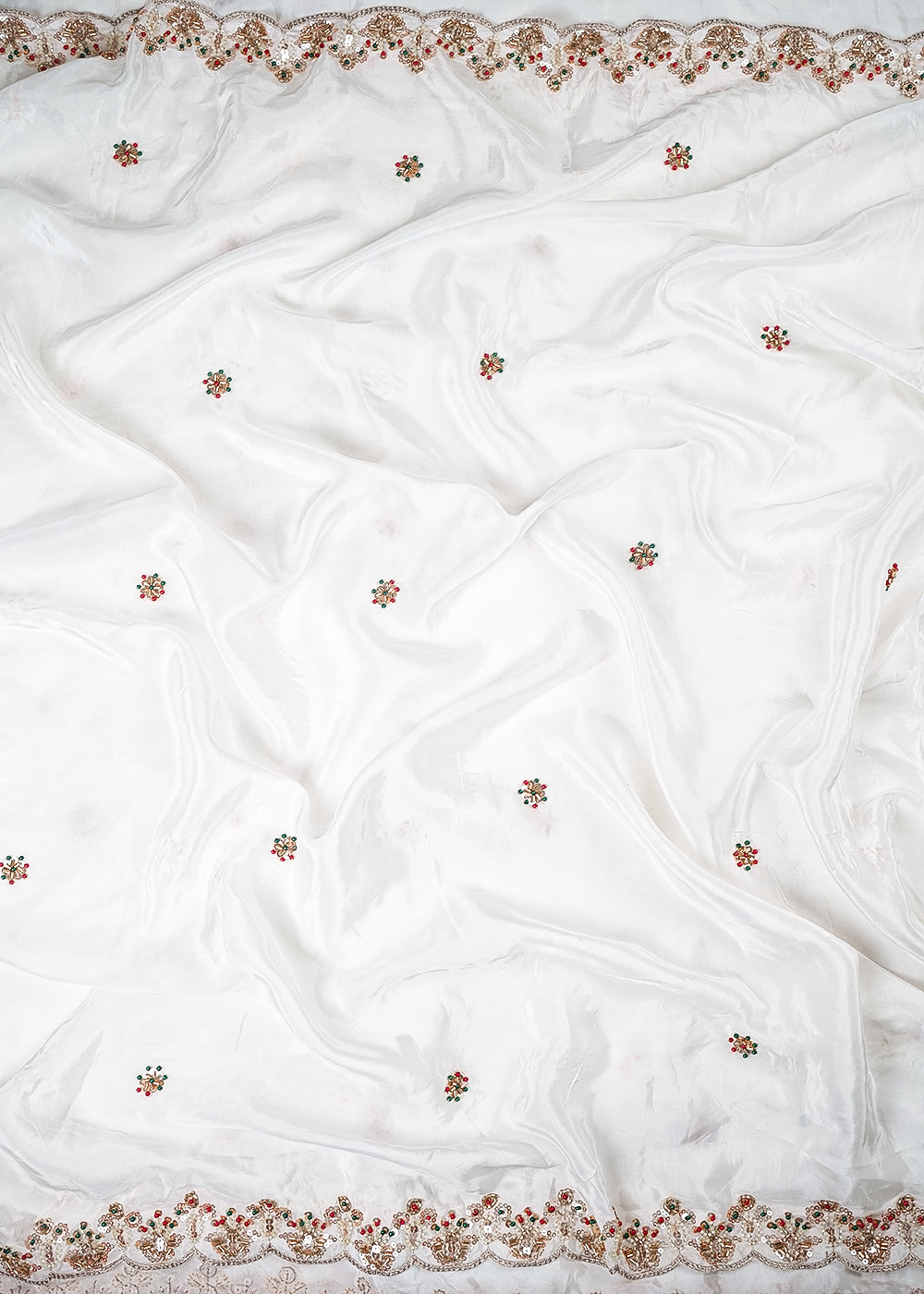 White Dyeable Crepe Dupatta Fabric With All Over Zari, Sequins And Katdana Work With Both Side Border 25681