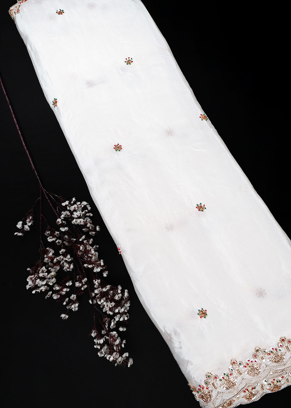 White Dyeable Crepe Dupatta Fabric With All Over Zari, Sequins And Katdana Work With Both Side Border 25681
