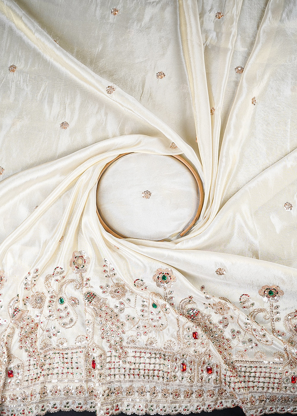 Golden Dyeable Tissue Fabric With All Over Zari, Sequins, Katdana And Stone Work With One Side Heavy Border 25684