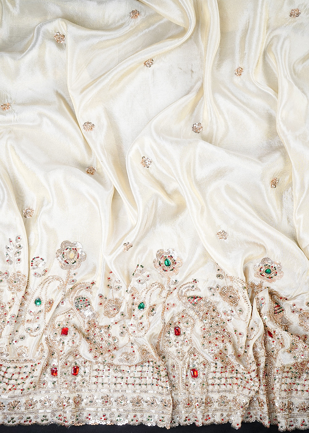 Golden Dyeable Tissue Fabric With All Over Zari, Sequins, Katdana And Stone Work With One Side Heavy Border 25684