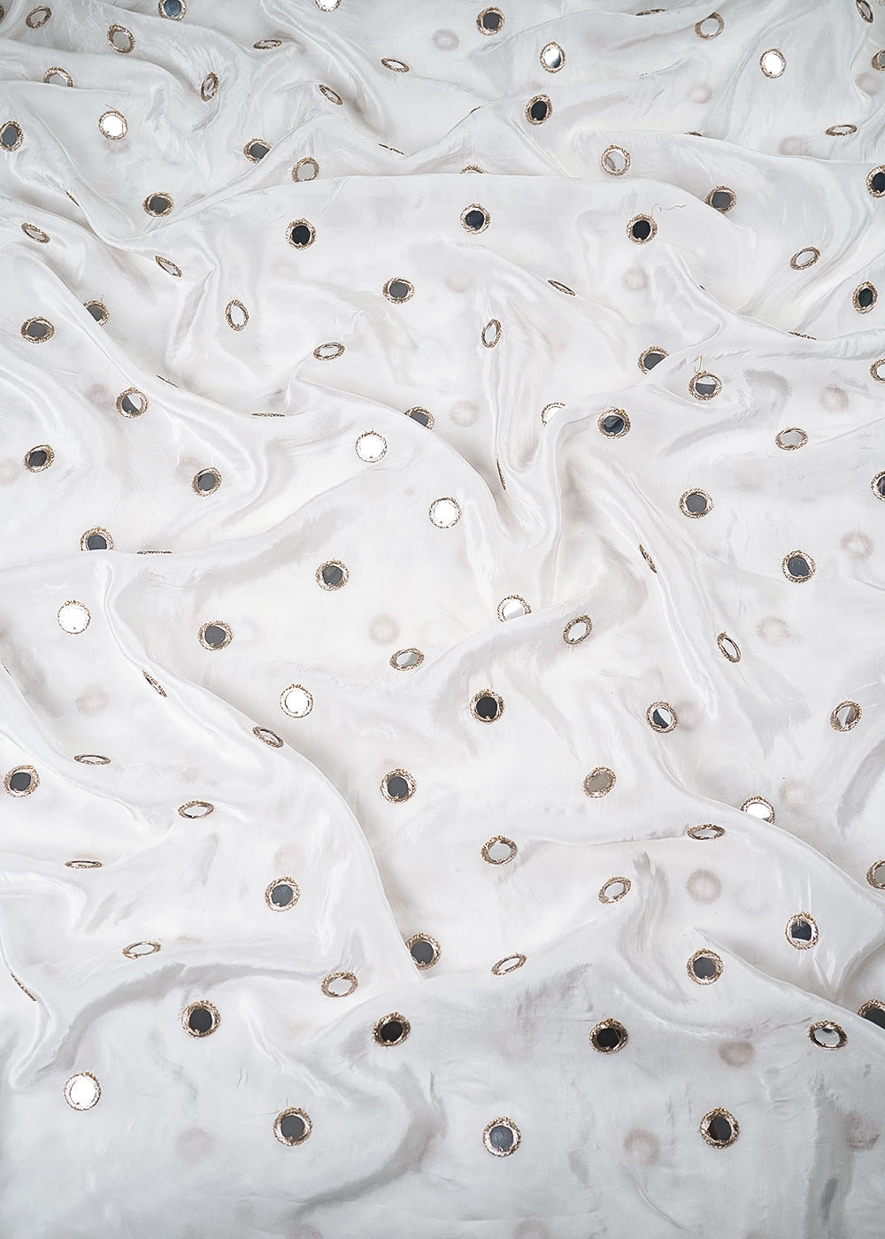 White Dyeable Crepe Fabric With All Over Zari And Faux Mirror Work 25686