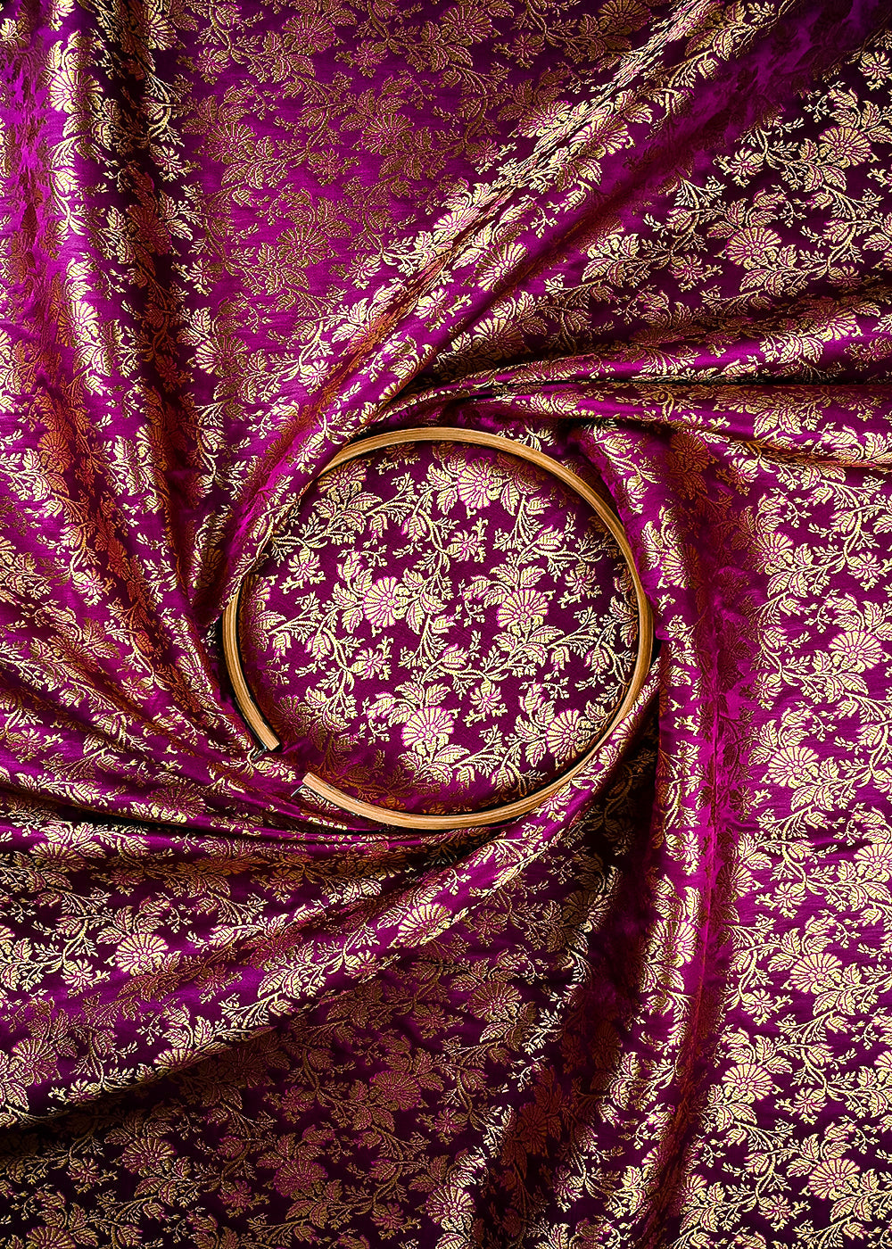 Purple Banarasi Brocade Fabric With All Over Thread And Zari Handloom 25695