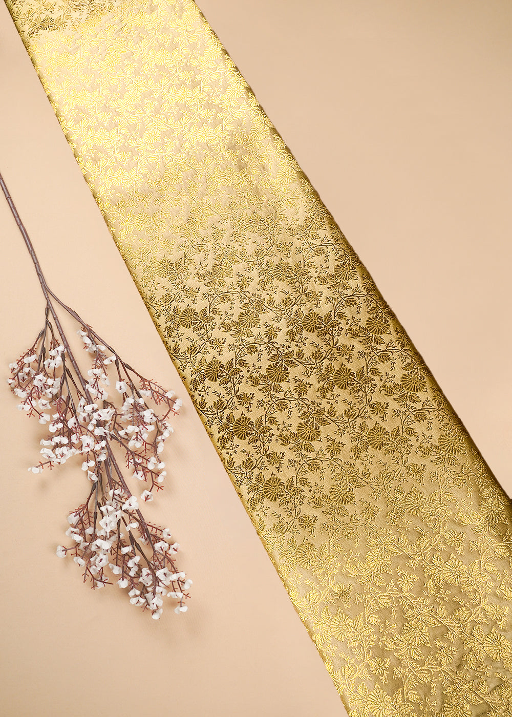 Beige Banarasi Brocade Fabric With All Over Thread And Zari Handloom 25697
