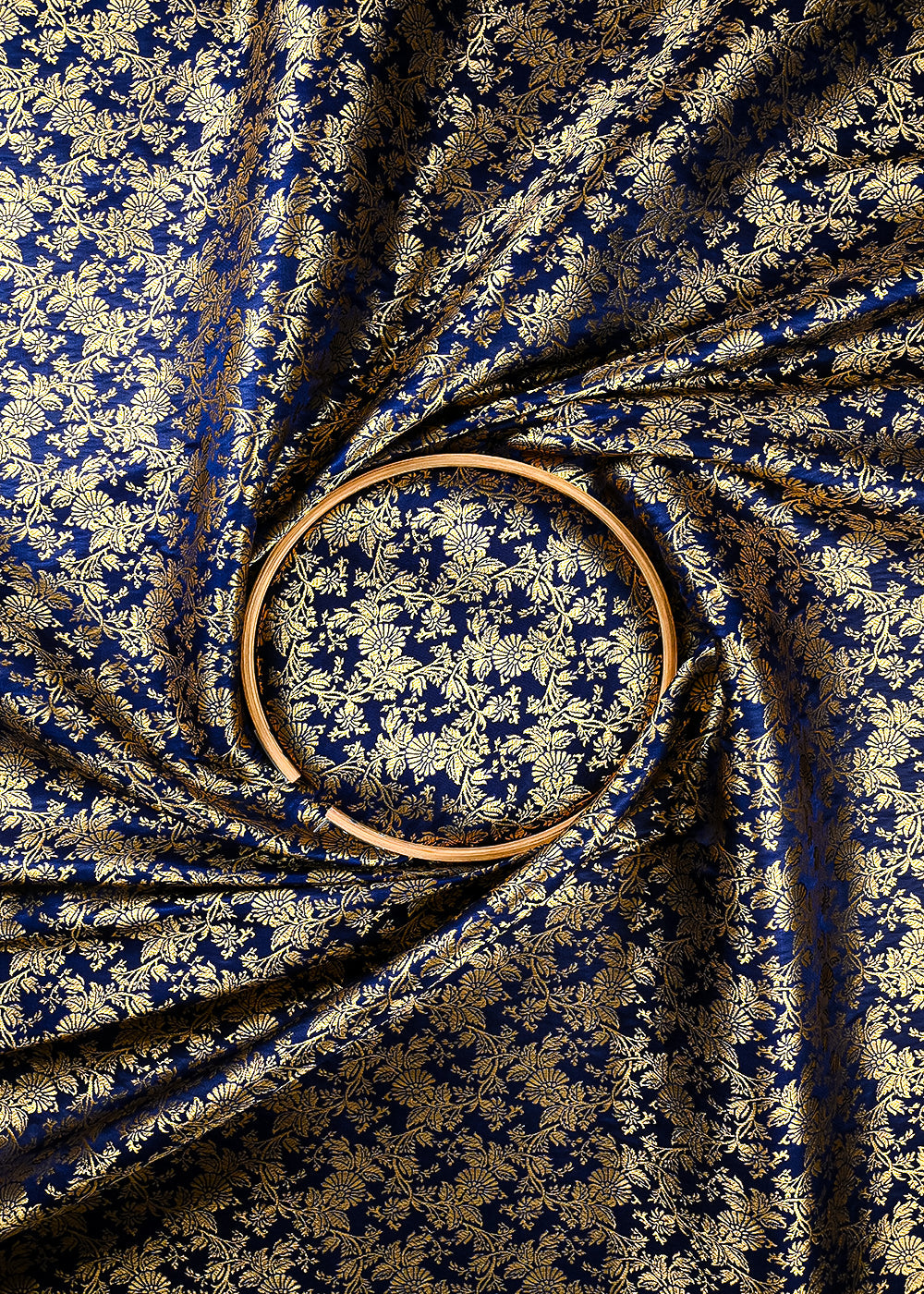 Navy Blue Banarasi Brocade Fabric With All Over Thread And Zari Handloom 25698