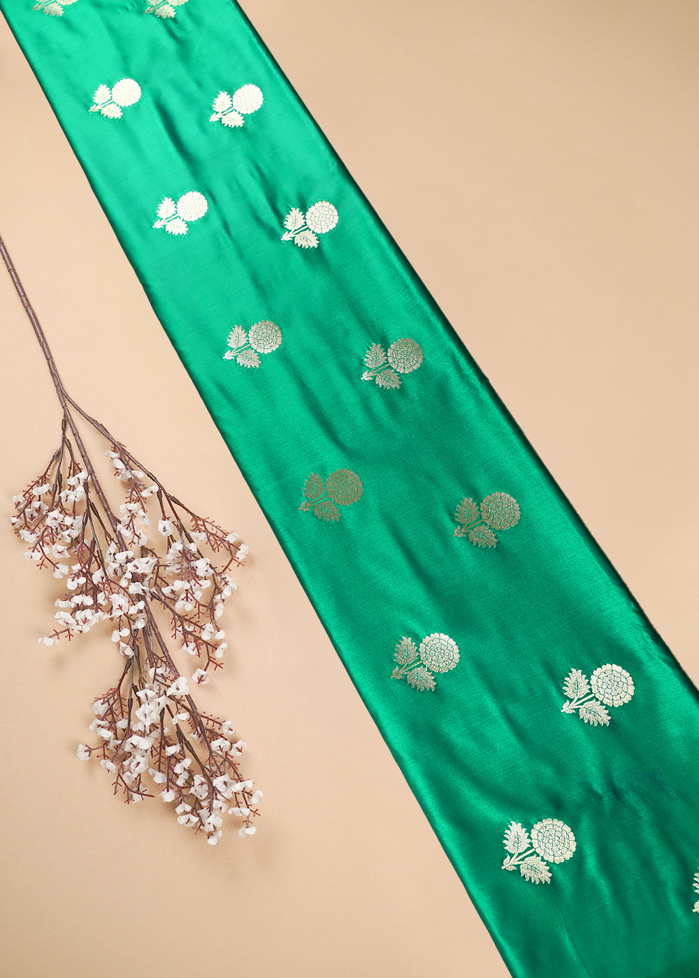 Rama Green Banarasi Brocade Fabric With All Over Thread And Zari Handloom 25712