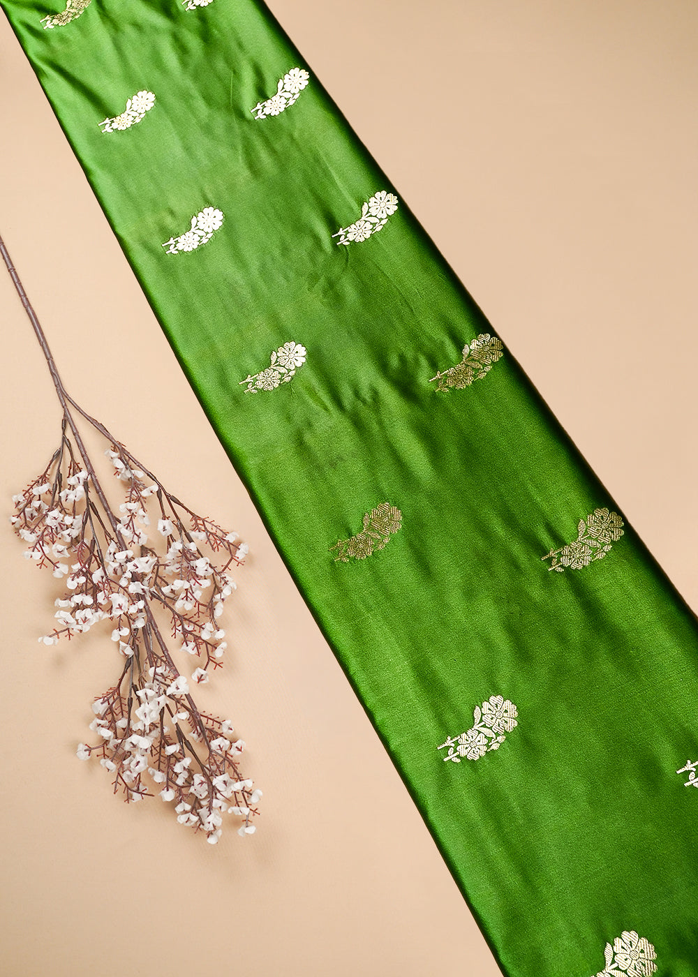 Green Banarasi Brocade Fabric With All Over Zari Handloom 25723