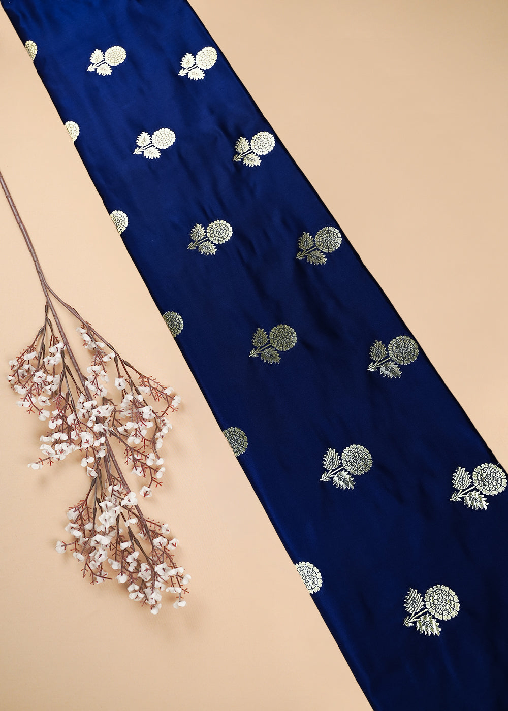 Navy Blue Banarasi Brocade Fabric With All Over Thread And Zari Handloom 25725