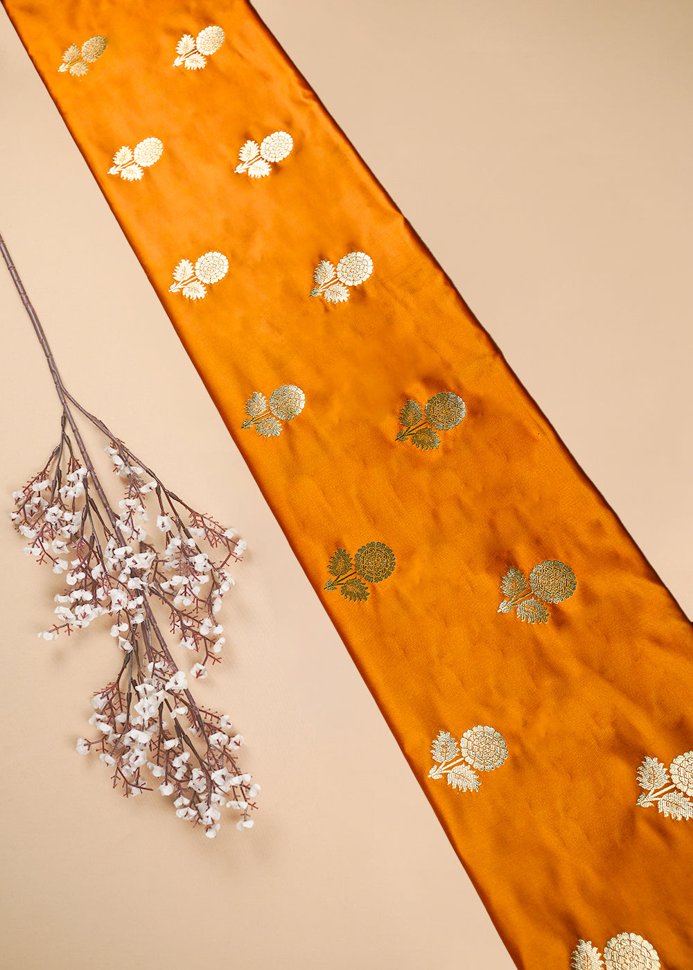 Mustard Banarasi Brocade Fabric With All Over Thread And Zari Handloom 25729