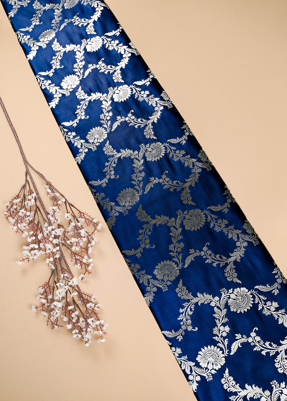 Navy Blue Banarasi Brocade Fabric With All Over Zari Handloom 25745