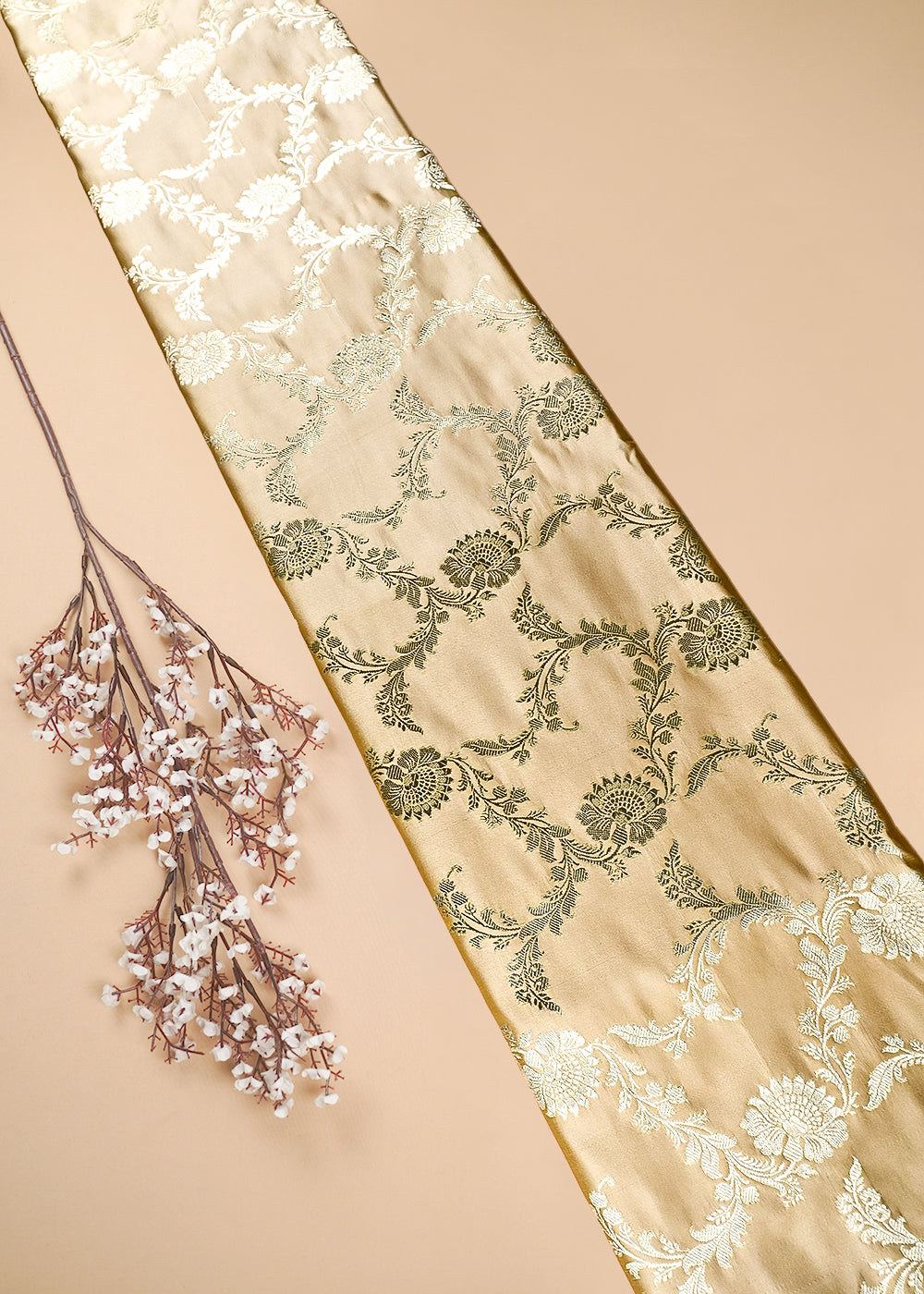 Beige Banarasi Brocade Fabric With All Over Zari Handloom 25746