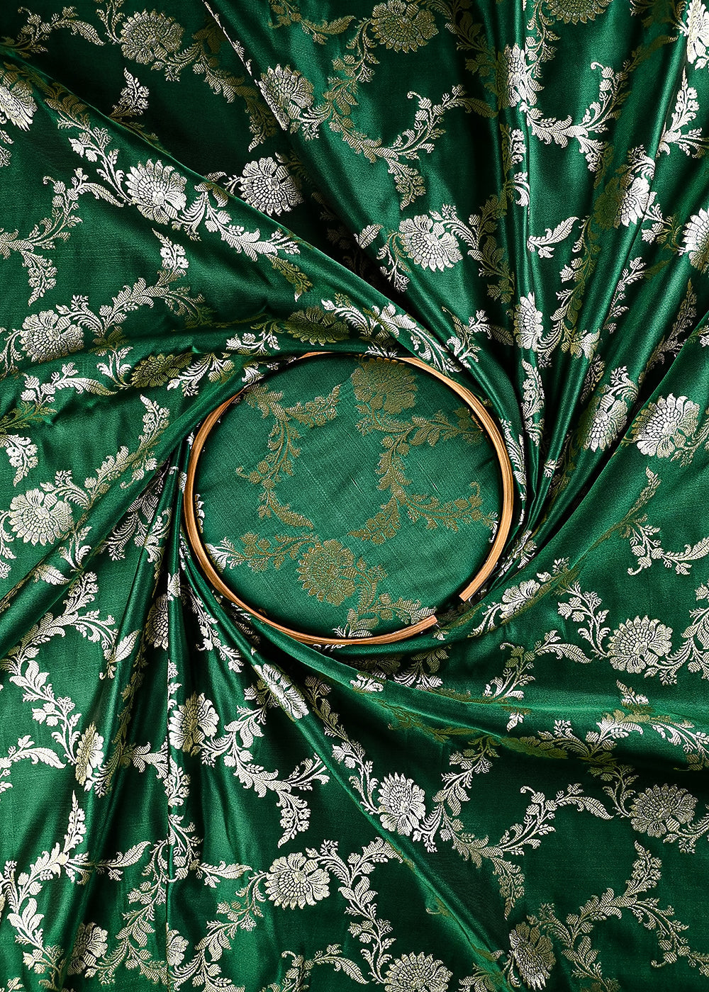 Bottle Green Banarasi Brocade Fabric With All Over Zari Handloom 25749