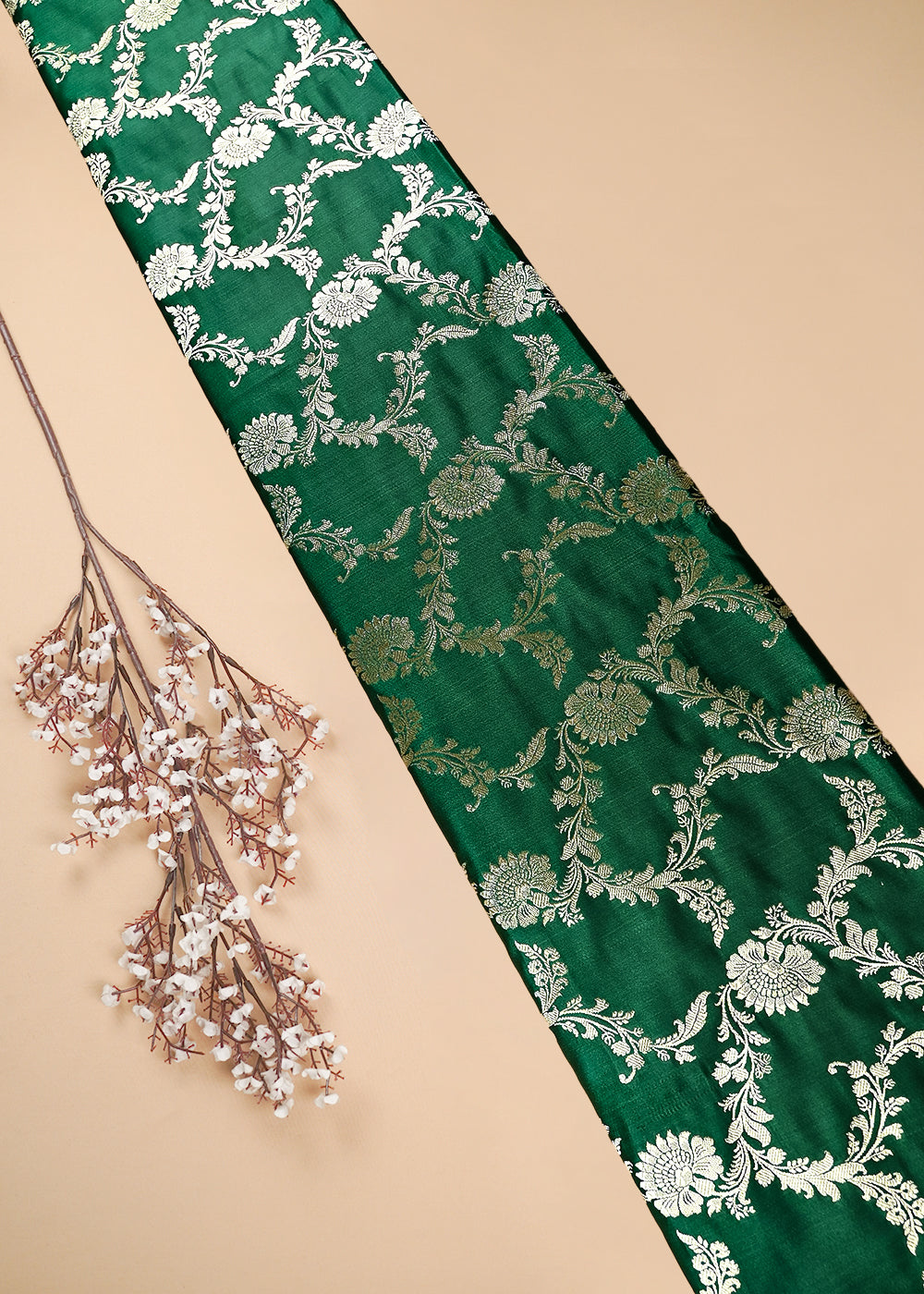 Bottle Green Banarasi Brocade Fabric With All Over Zari Handloom 25749