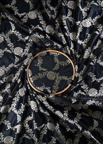 Black Banarasi Brocade Fabric With All Over Zari Handloom 25750