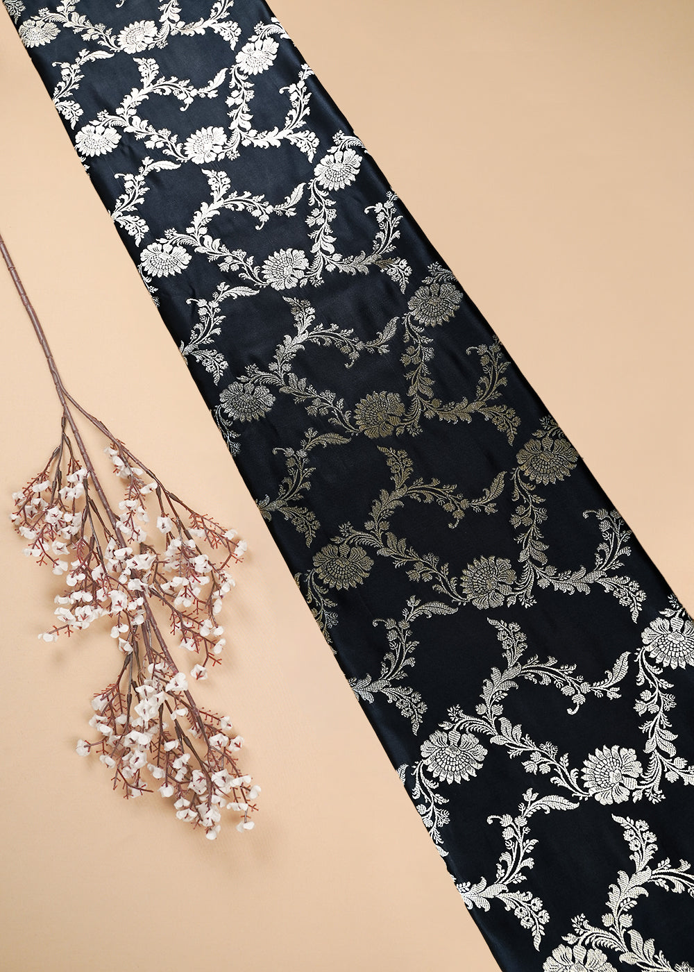 Black Banarasi Brocade Fabric With All Over Zari Handloom 25750