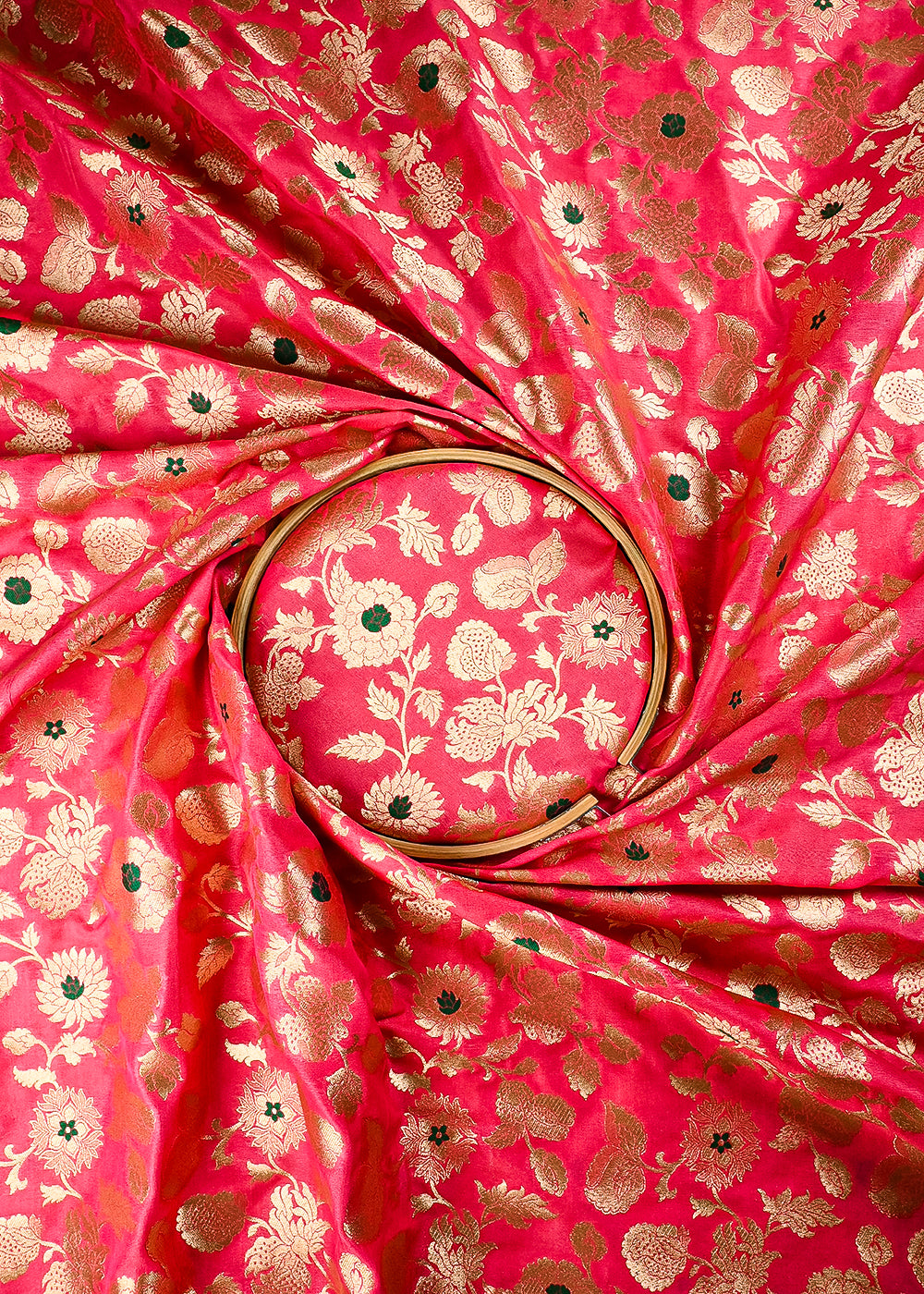 Gazri Pink Banarasi Brocade Fabric With All Over Thread And Zari Handloom 25761