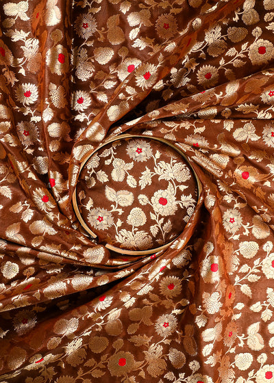 Brown Banarasi Brocade Fabric With All Over Thread And Zari Handloom 25762