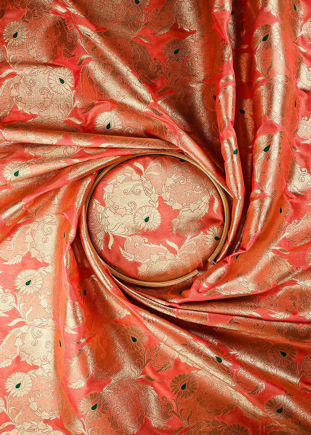 Peach Banarasi Brocade Fabric With All Over Thread And Zari Handloom 25763