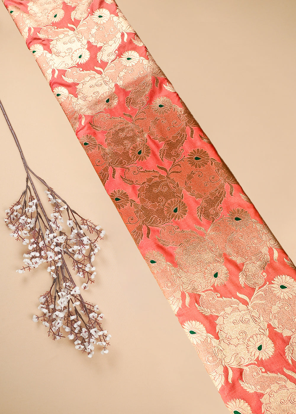 Peach Banarasi Brocade Fabric With All Over Thread And Zari Handloom 25763