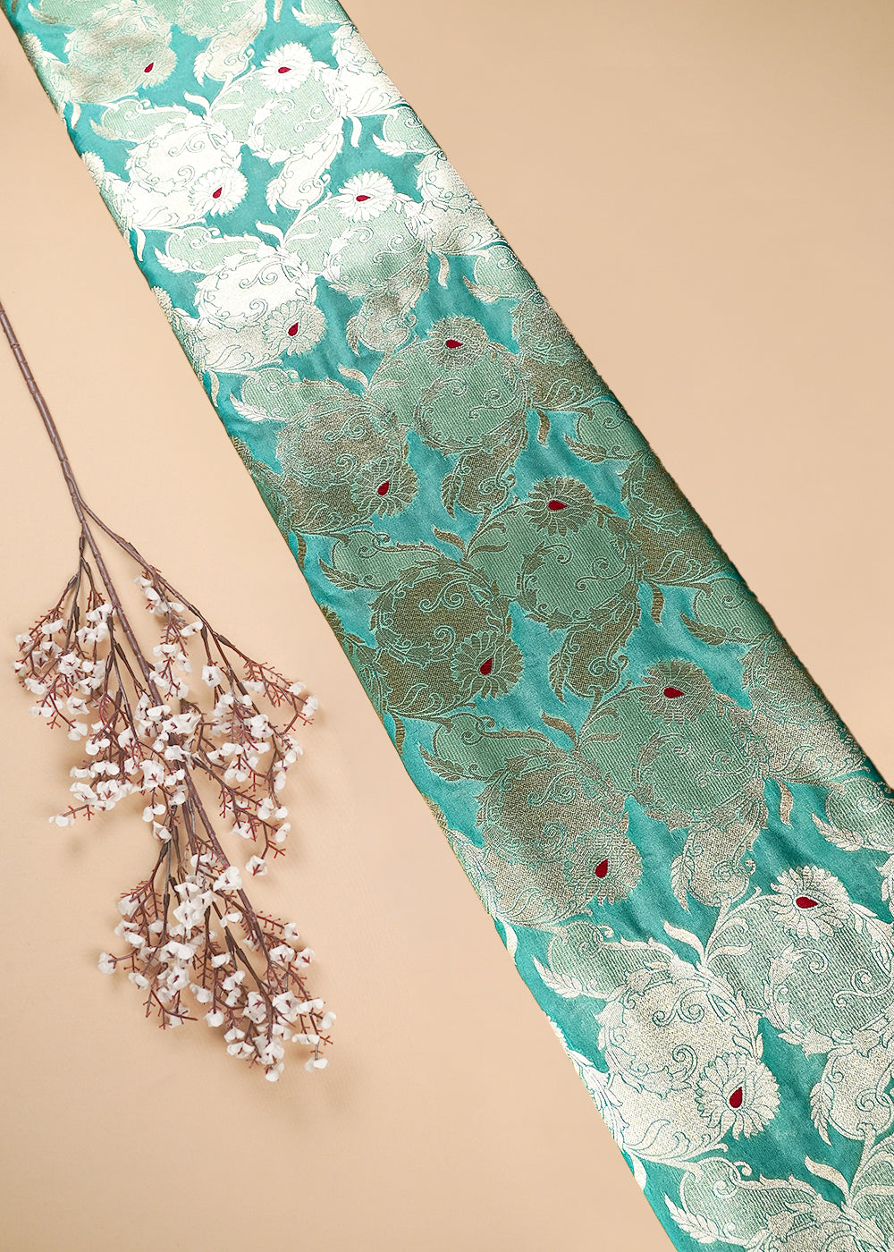 Sea Green Banarasi Brocade Fabric With All Over Thread And Zari Handloom 25766