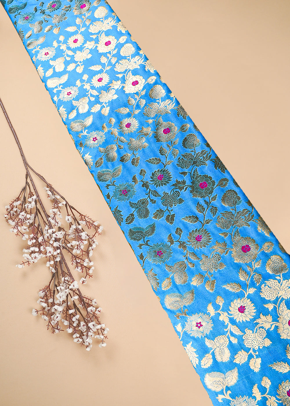 Firozi Banarasi Brocade Fabric With All Over Thread And Zari Handloom 25769