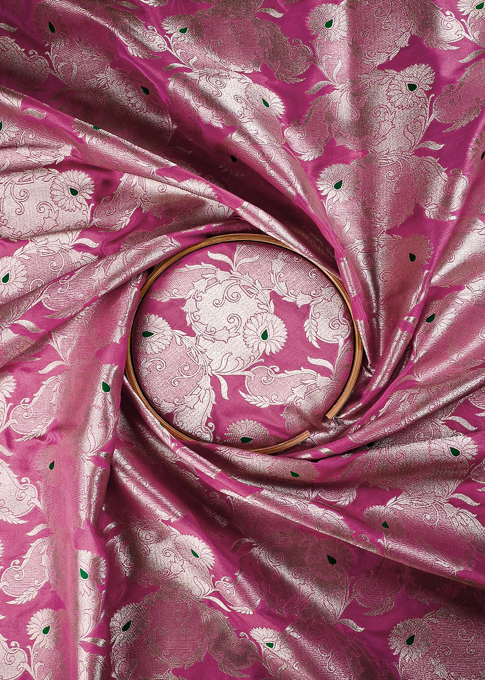 Pink Banarasi Brocade Fabric With All Over Thread And Zari Handloom 25771