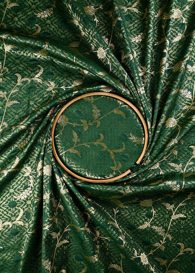 Bottle Green Banarasi Brocade Fabric With All Over Zari Handloom 25774