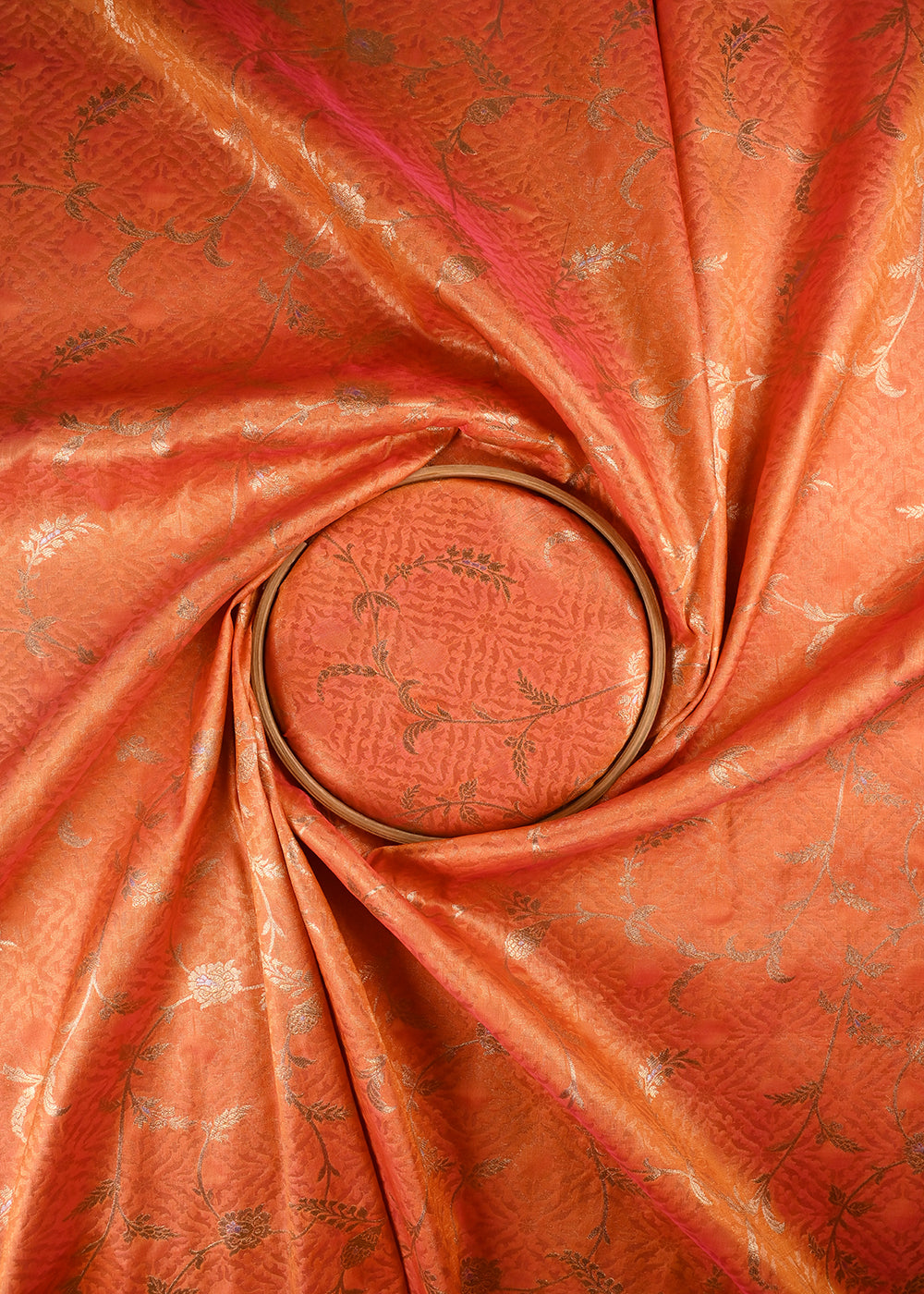 Orange Banarasi Brocade Fabric With All Over Zari Handloom 25776