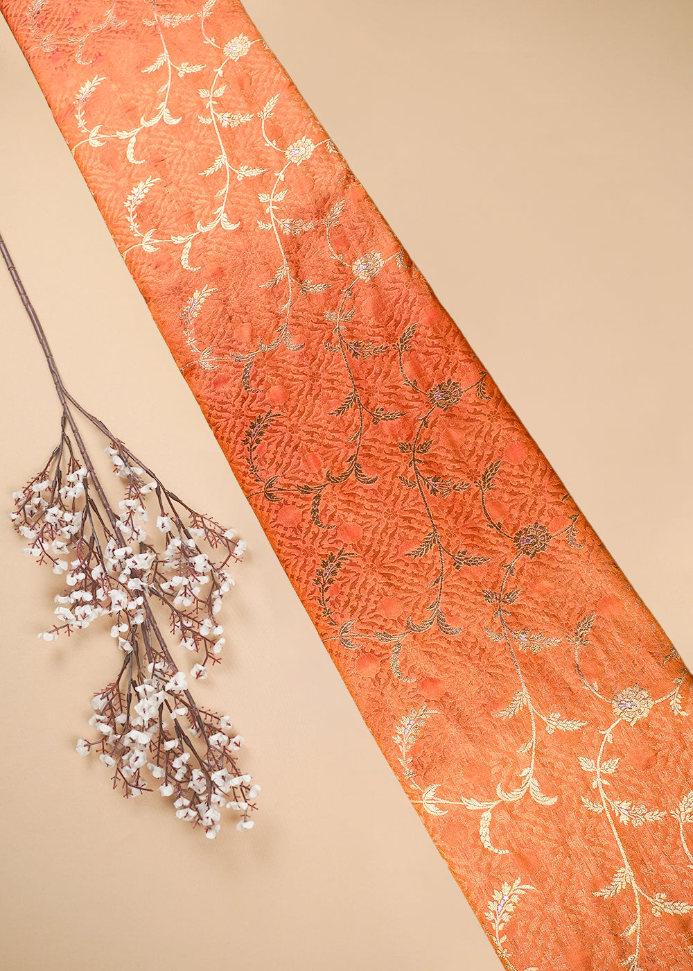 Orange Banarasi Brocade Fabric With All Over Zari Handloom 25776