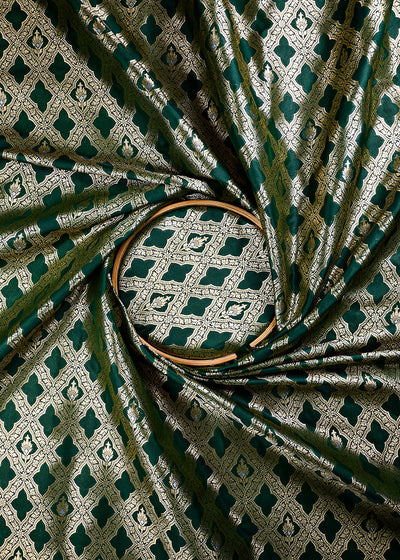 Bottle Green Banarasi Brocade Fabric With All Over Thread And Zari Handloom 25779