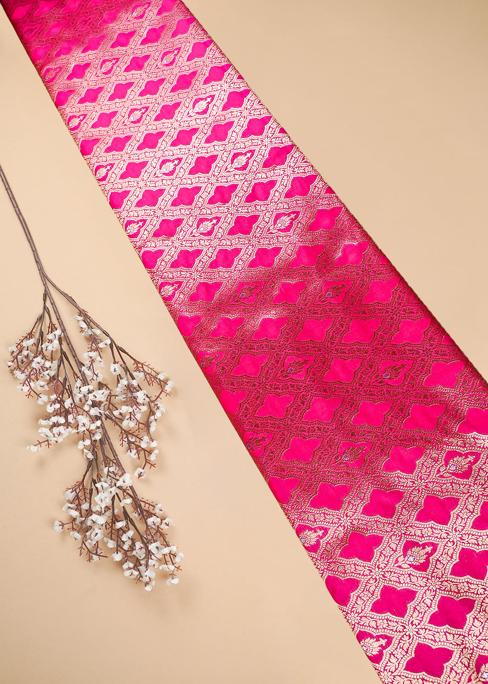 Rani Pink Banarasi Brocade Fabric With All Over Thread And Zari Handloom 25780