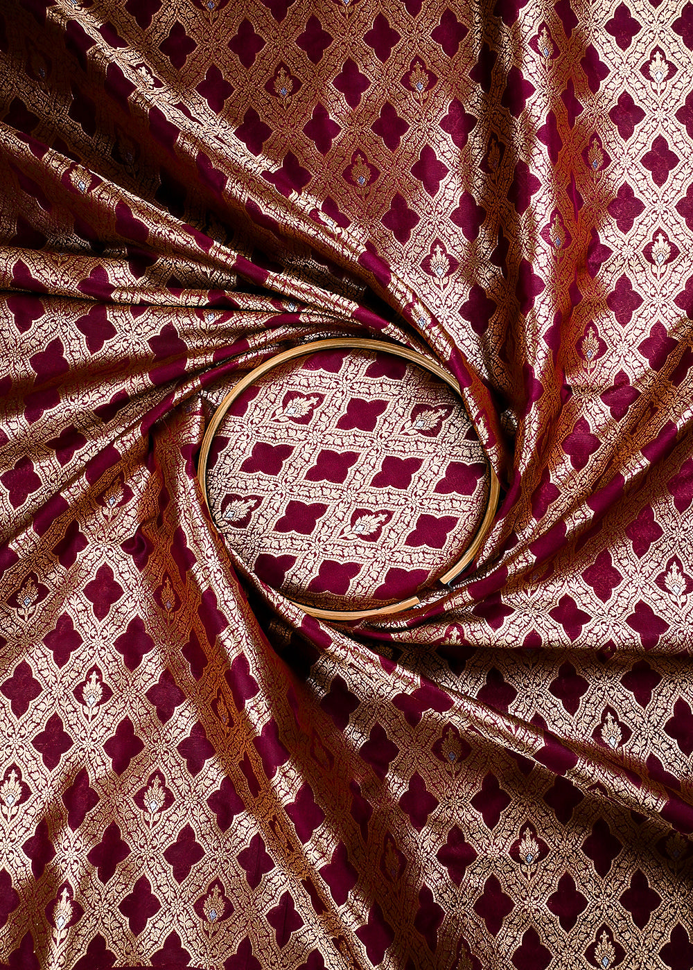 Wine Banarasi Brocade Fabric With All Over Thread And Zari Handloom 25783