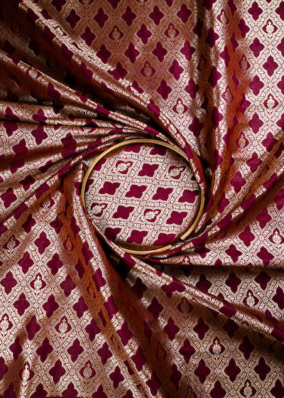 Wine Banarasi Brocade Fabric With All Over Thread And Zari Handloom 25783