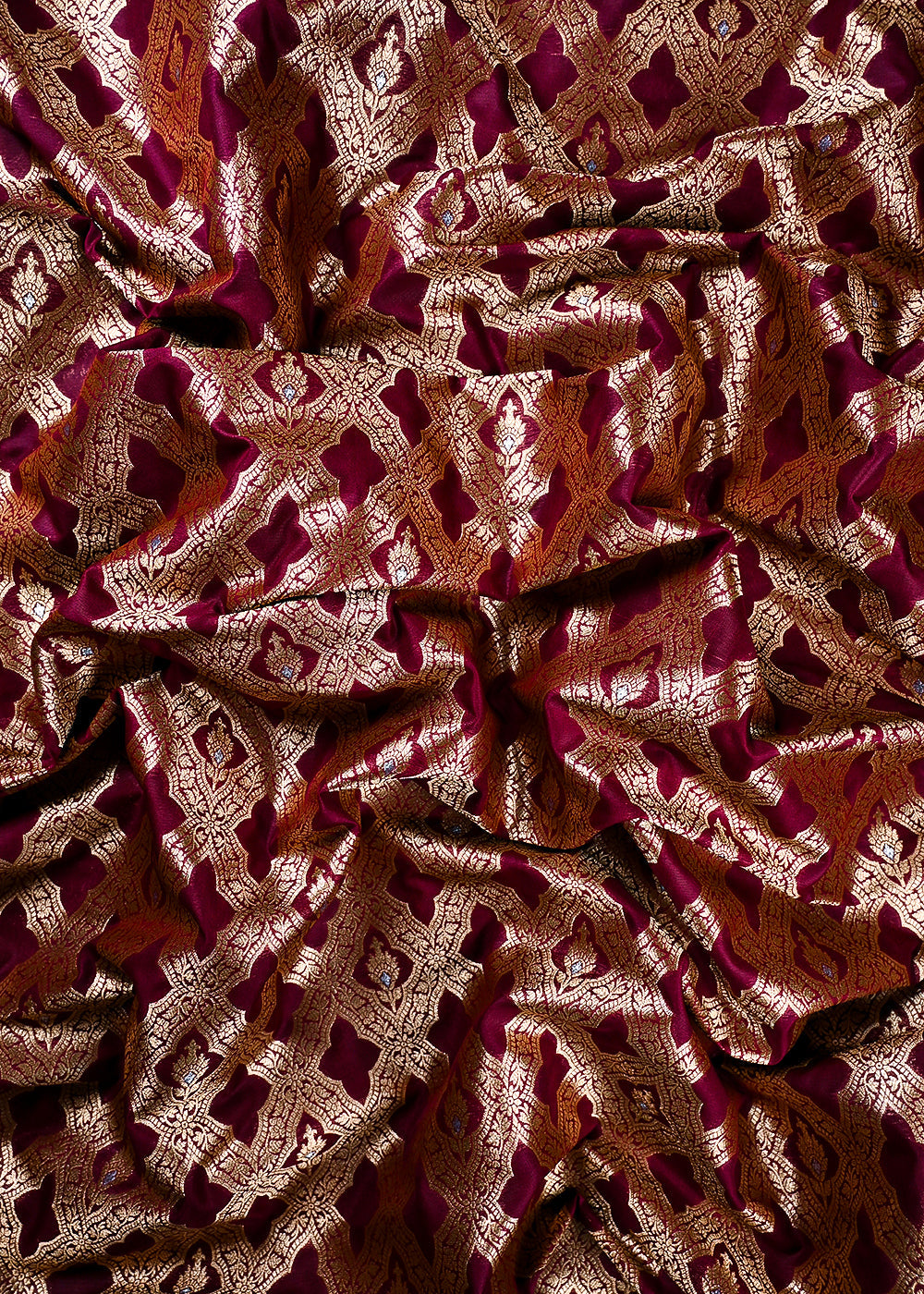 Wine Banarasi Brocade Fabric With All Over Thread And Zari Handloom 25783