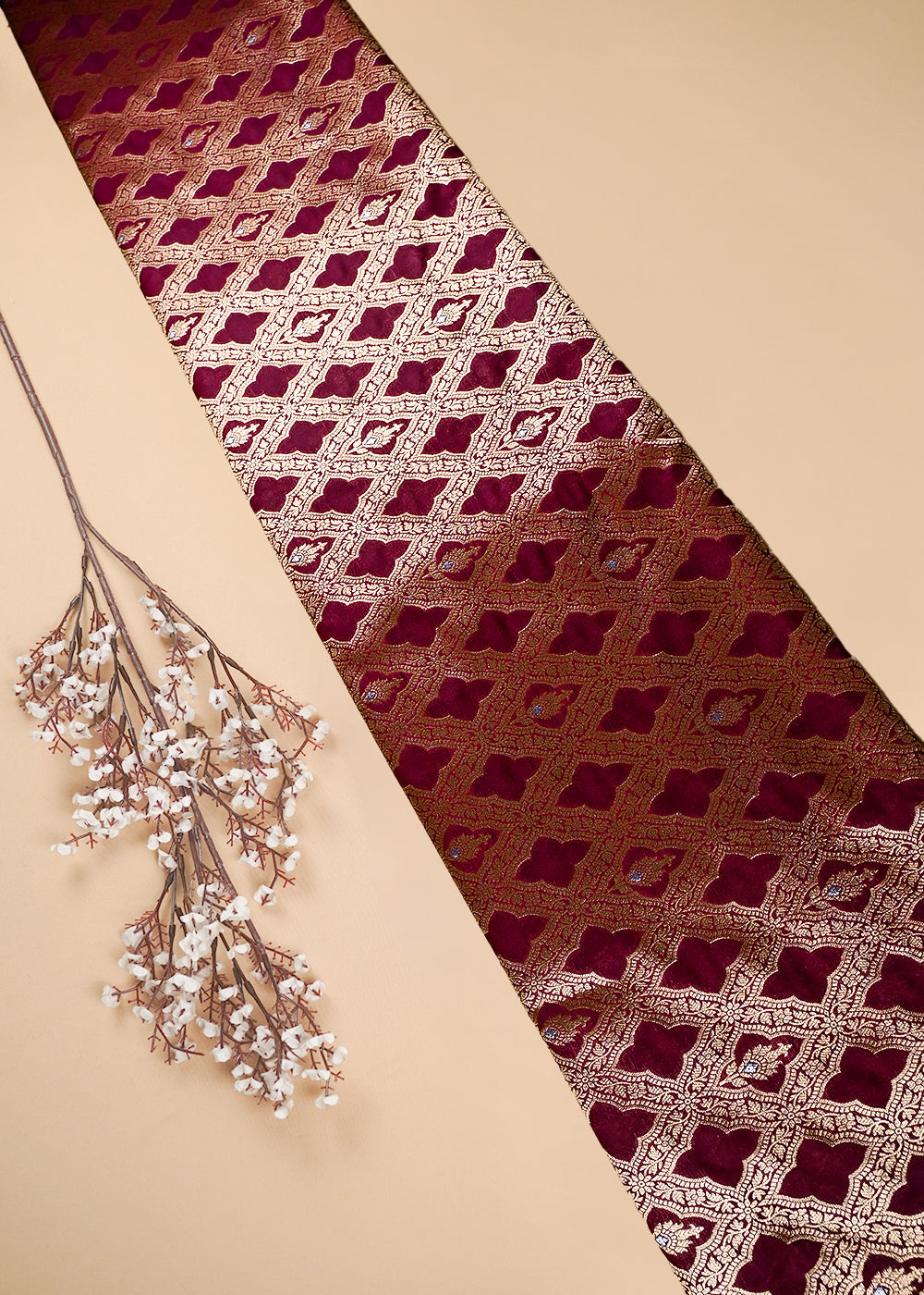 Wine Banarasi Brocade Fabric With All Over Thread And Zari Handloom 25783