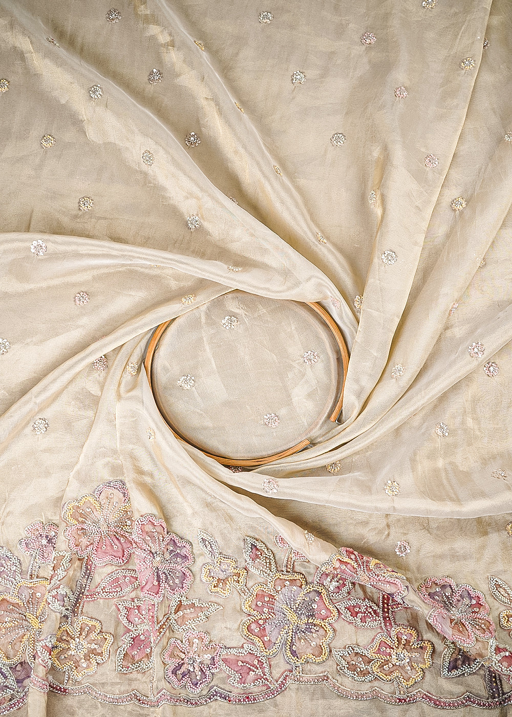Golden Dyeable Tissue Fabric With All Over Zari, Sequins And Katdana Work With One Side Border 25792