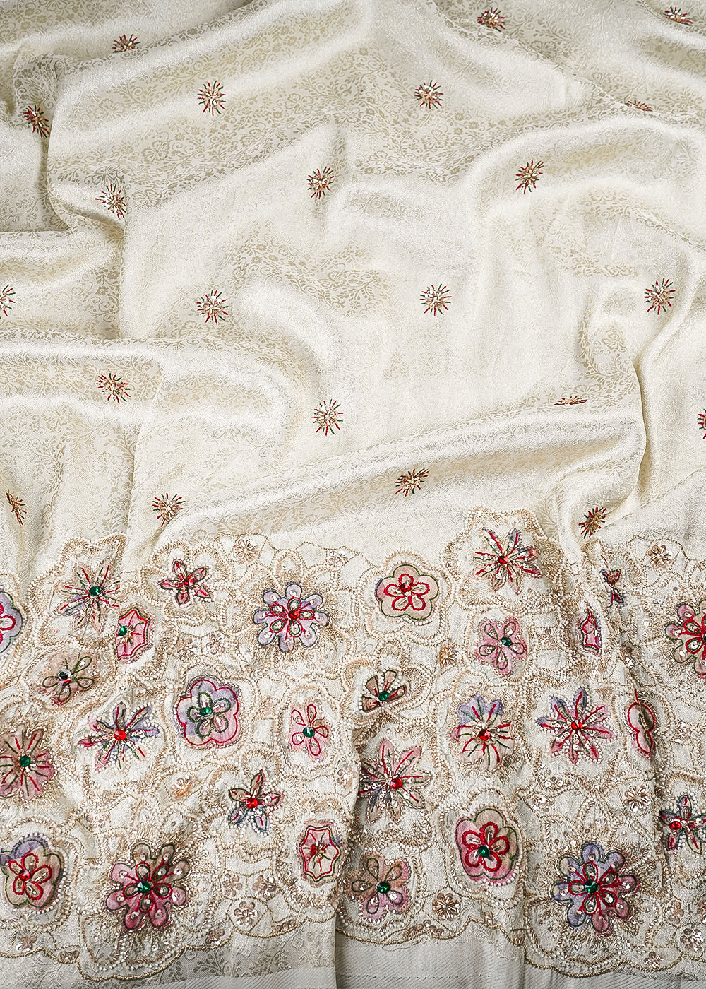 Golden Dyeable Tissue Fabric With All Over Zari, Sequins, Katdana And Stone Work With One Side Heavy Border 25793