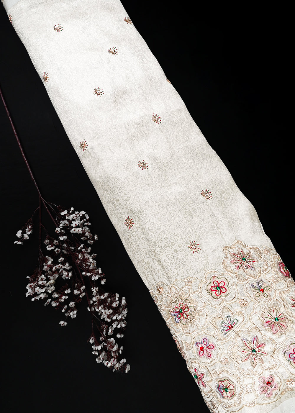 Golden Dyeable Tissue Fabric With All Over Zari, Sequins, Katdana And Stone Work With One Side Heavy Border 25793