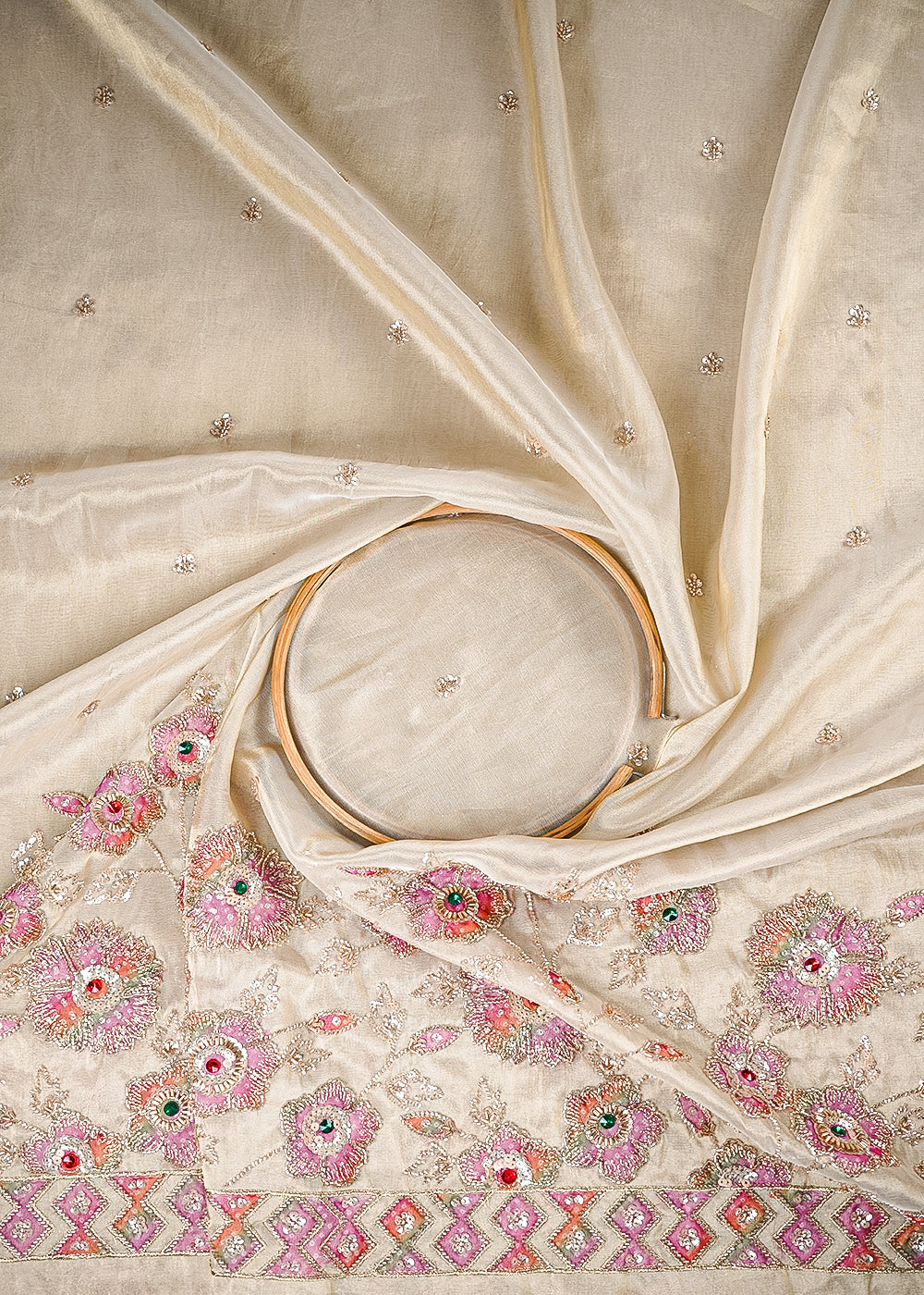 Golden Dyeable Tissue Fabric With All Over Zari, Sequins, Katdana And Stone Work With One Side Heavy Border 25794