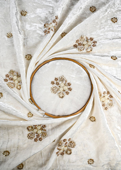 White Dyeable Velvet Fabric With All Over Zari, Sequins And Katdana Work 25803