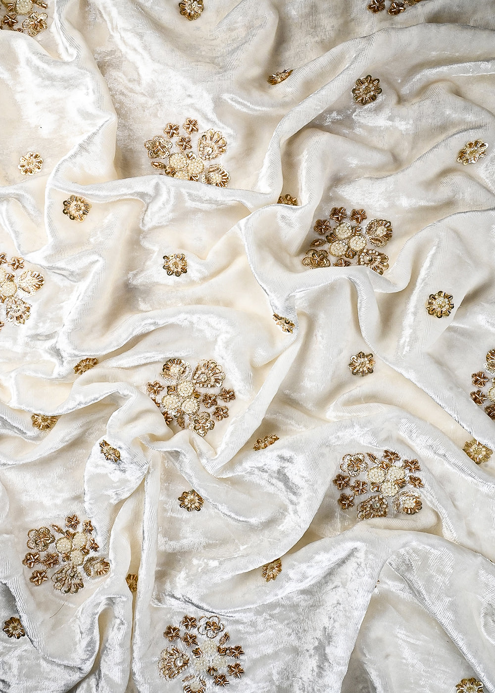 White Dyeable Velvet Fabric With All Over Zari, Sequins And Katdana Work 25803