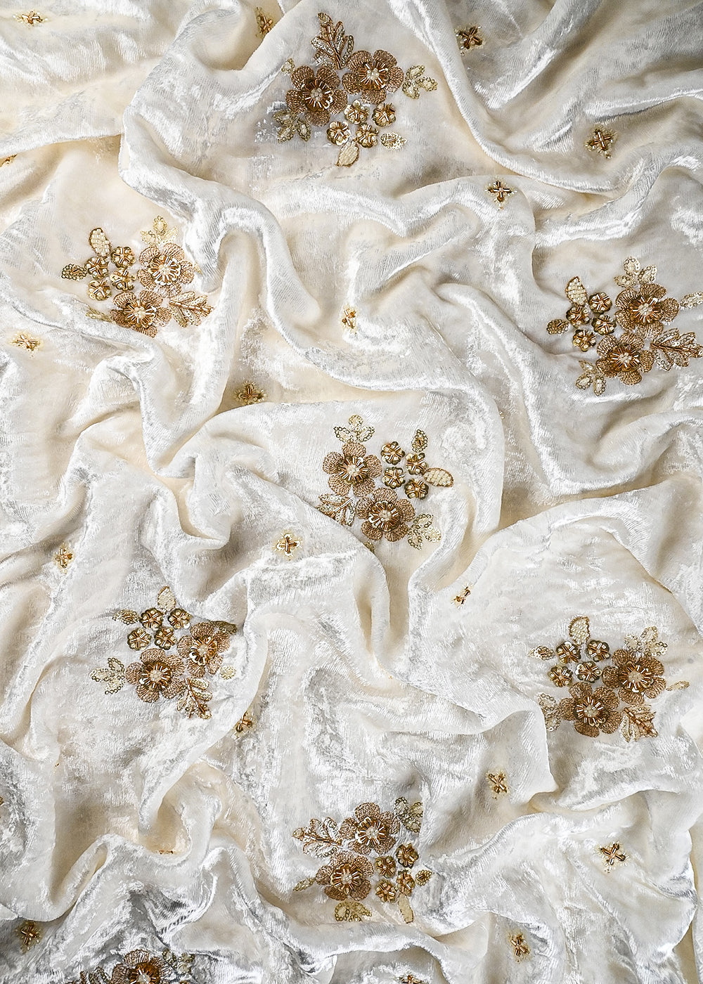 White Dyeable Velvet Fabric With All Over Zari, Sequins And Katdana Work 25804