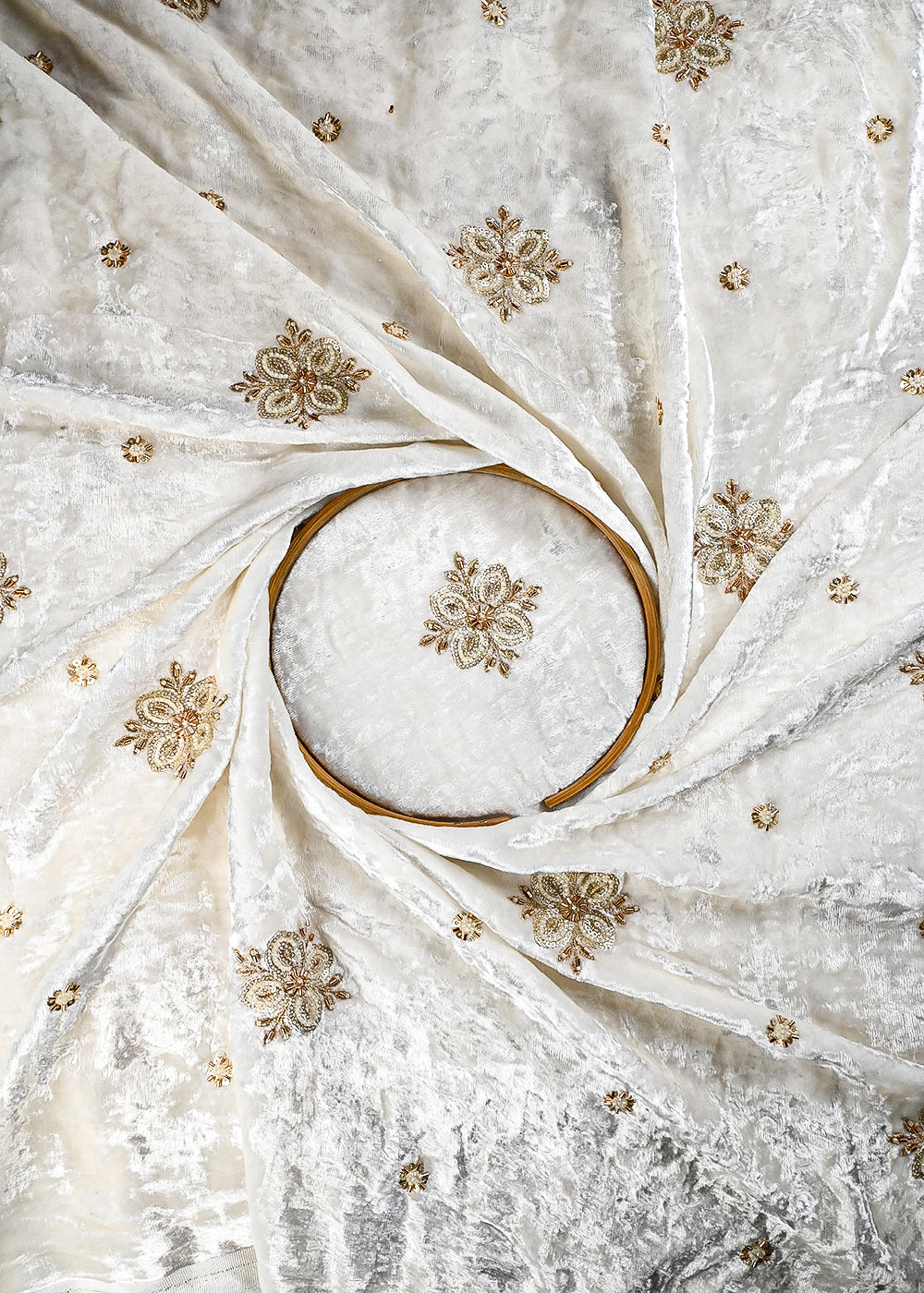 White Dyeable Velvet Fabric With All Over Zari, Sequins And Katdana Work 25805
