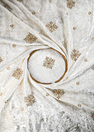 White Dyeable Velvet Fabric With All Over Zari, Sequins And Katdana Work 25805