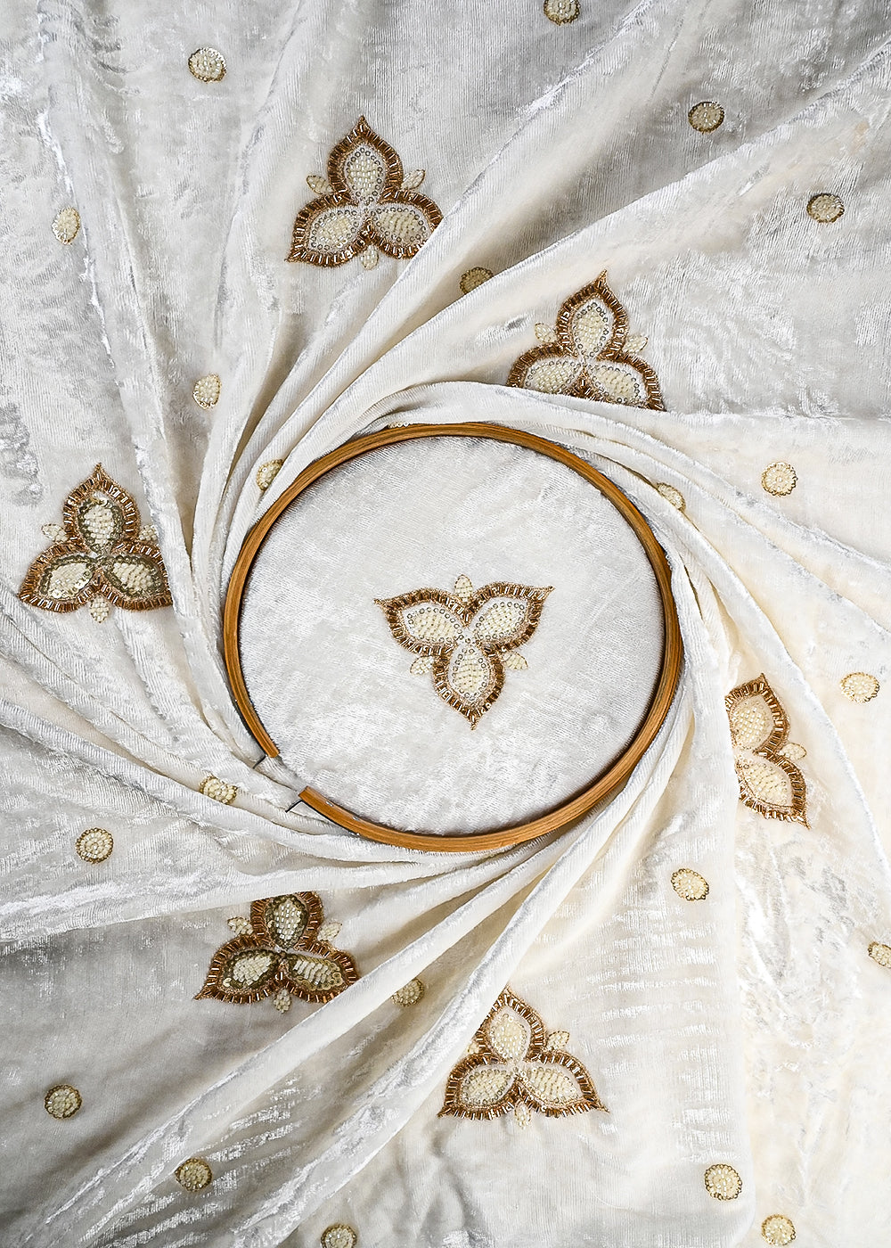 White Dyeable Velvet Fabric With All Over Zari, Sequins And Katdana Work 25806