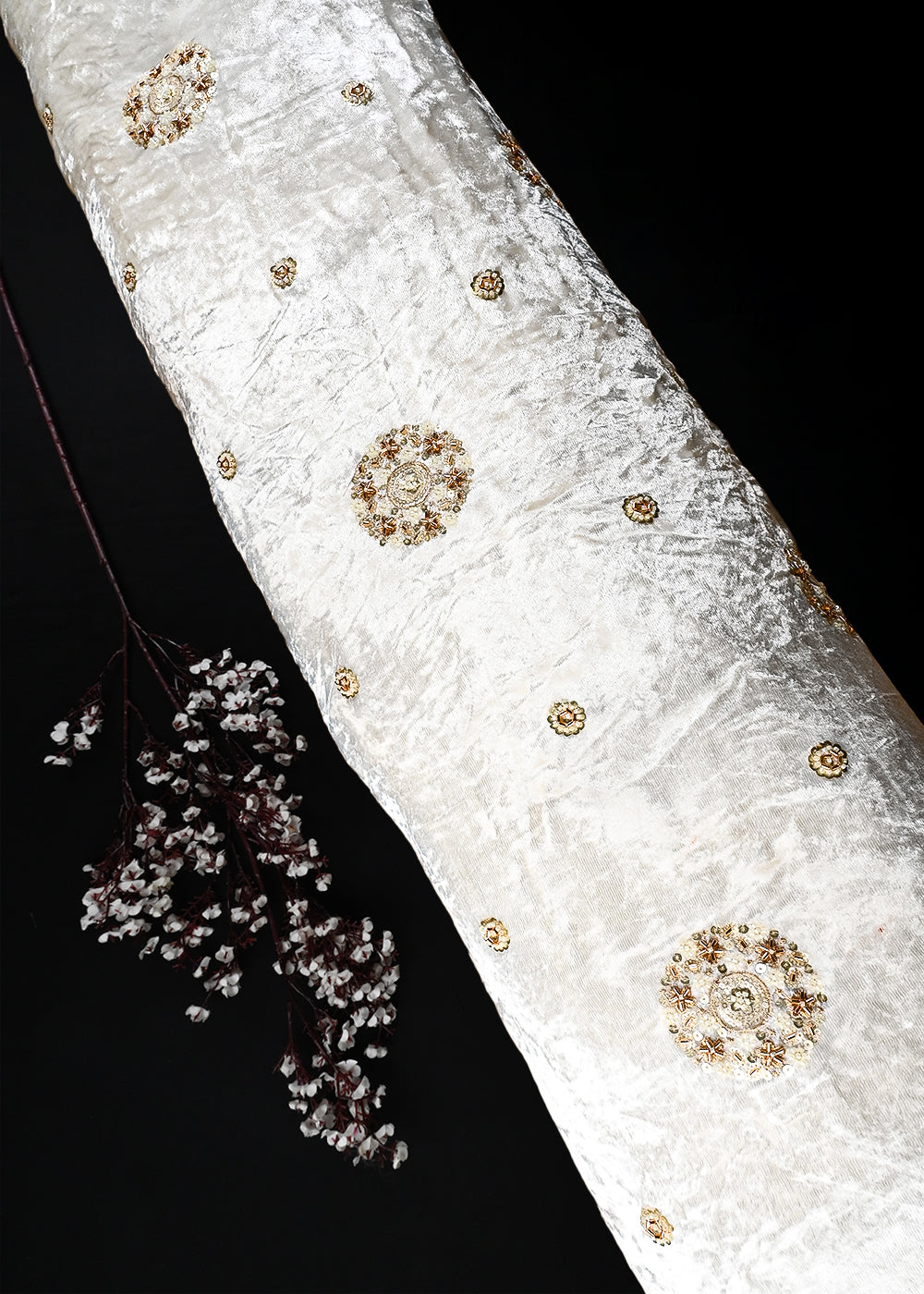 White Dyeable Velvet Fabric With All Over Zari, Sequins And Katdana Work 25807