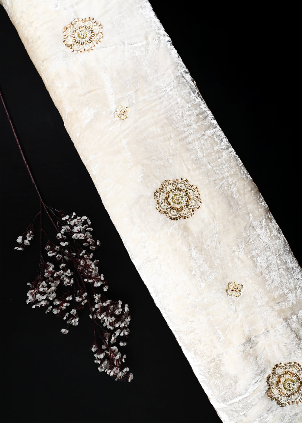 White Dyeable Velvet Fabric With All Over Zari, Sequins And Katdana Work 25808